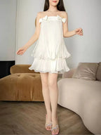 Mallika White Spaghetti Bow Pleated Mini Dress Flowering Girl