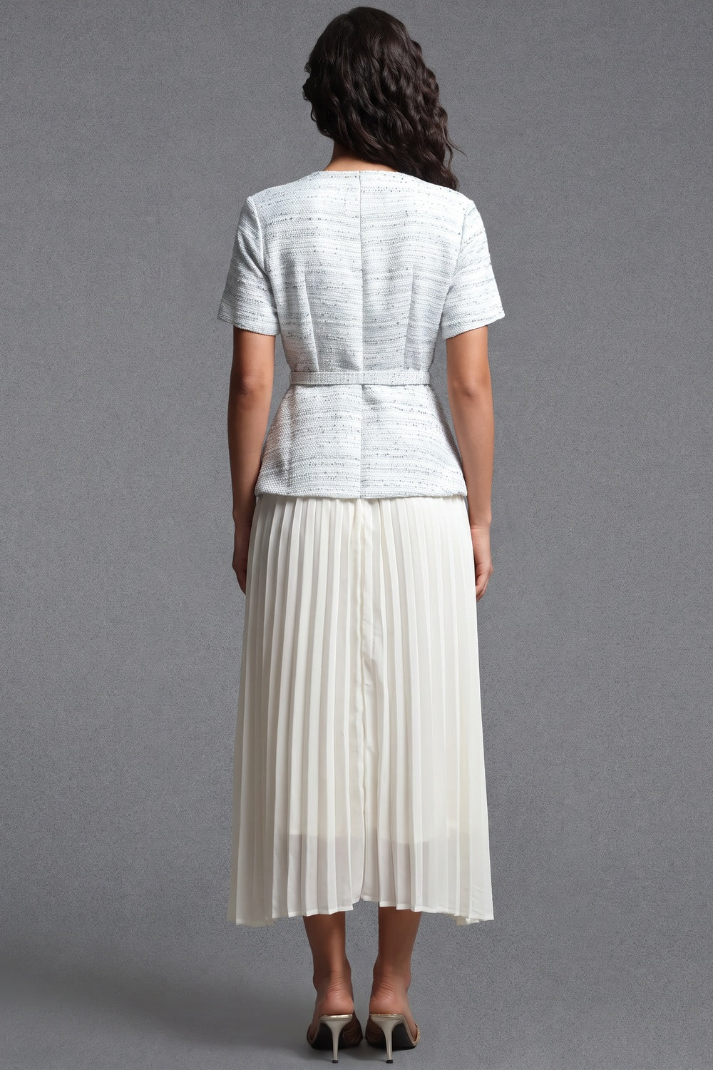 Light Blue Tweed Peplum Top with Pleated Midi Skirt Two-Piece Set Flowering Girl