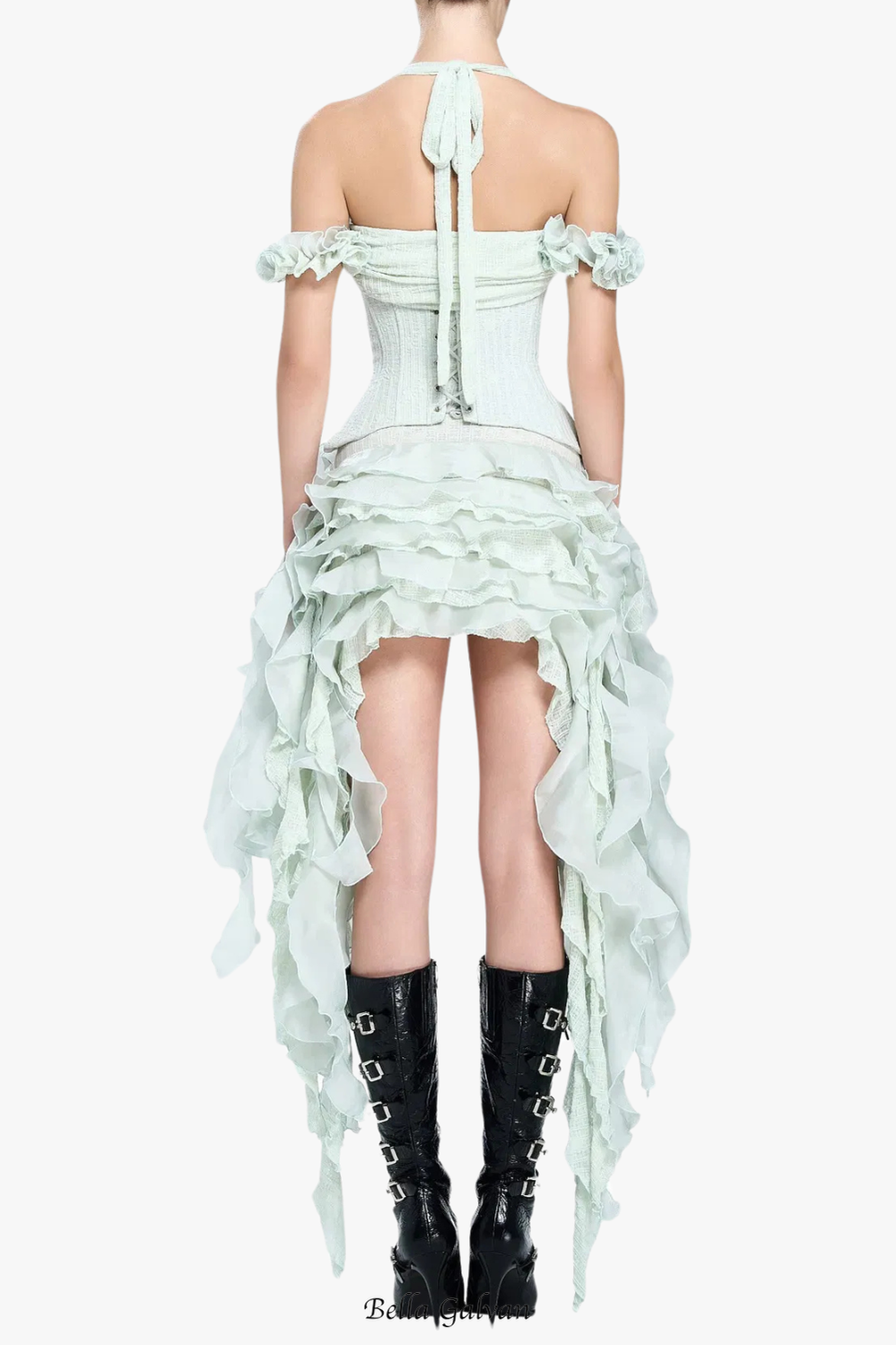 elva halter three-dimensional flower irregular tassel mini dress in mint Flowering Girl