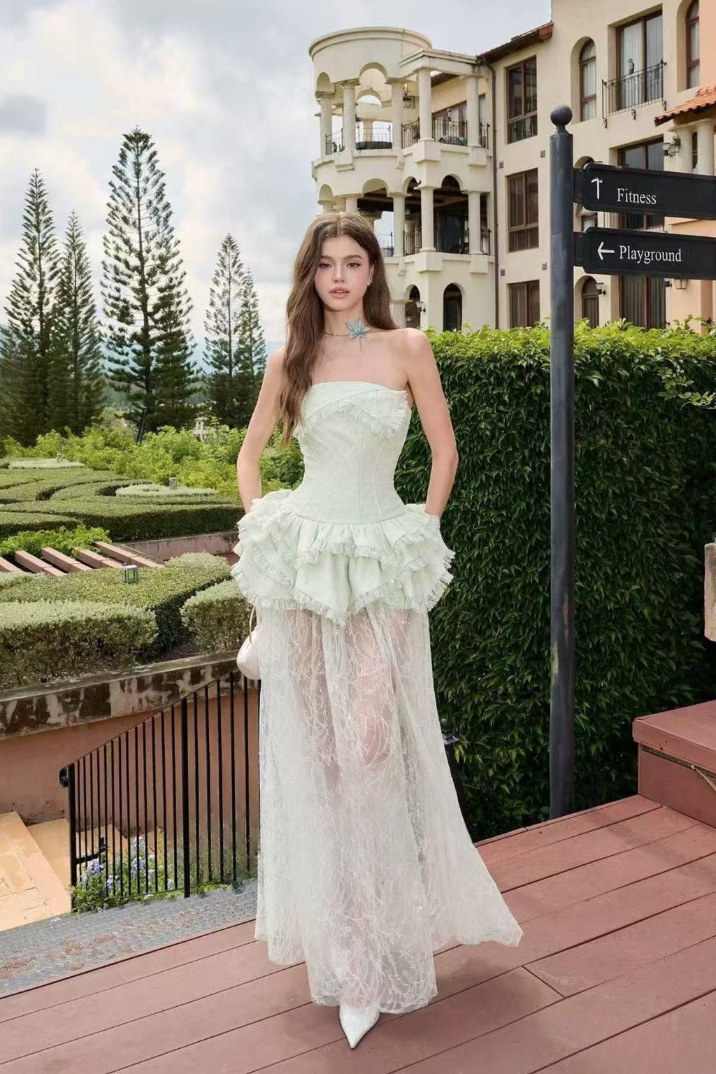 Tiffany Fitted Lace-Paneled Strapless Maxi Dress In Green Flowering Girl