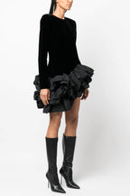 Solid Velvet Long Sleeve Ruffle Mini Dress Flowering Girl