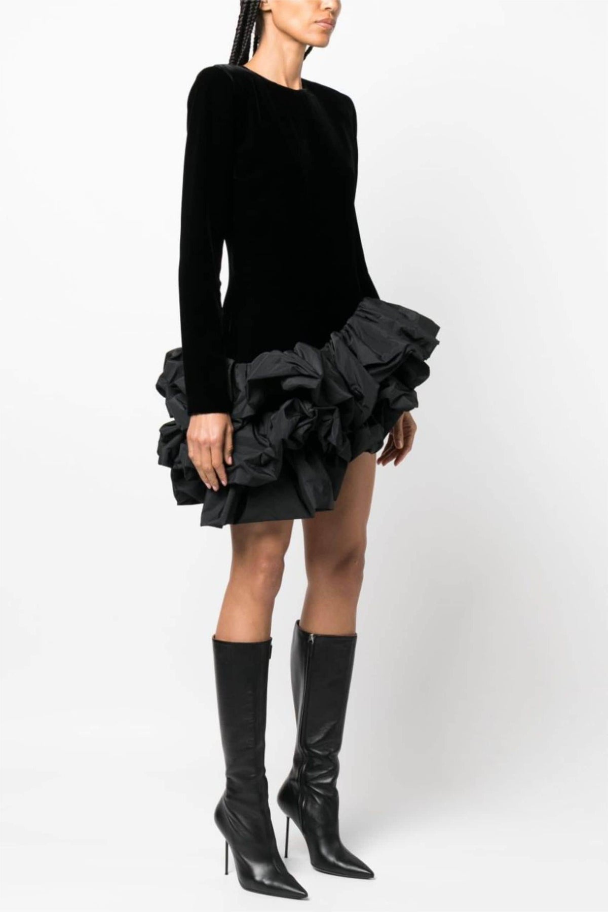 Solid Velvet Long Sleeve Ruffle Mini Dress Flowering Girl