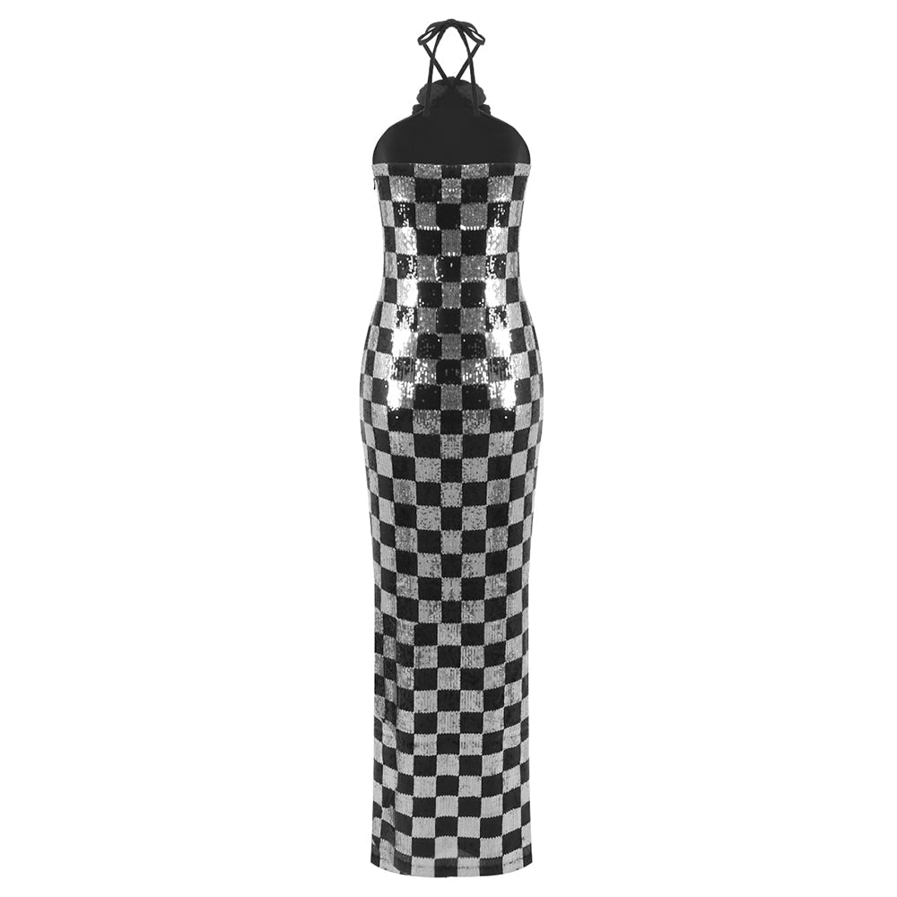 Checkerboard Sequin Halter Gown With Flower Flowering Girl