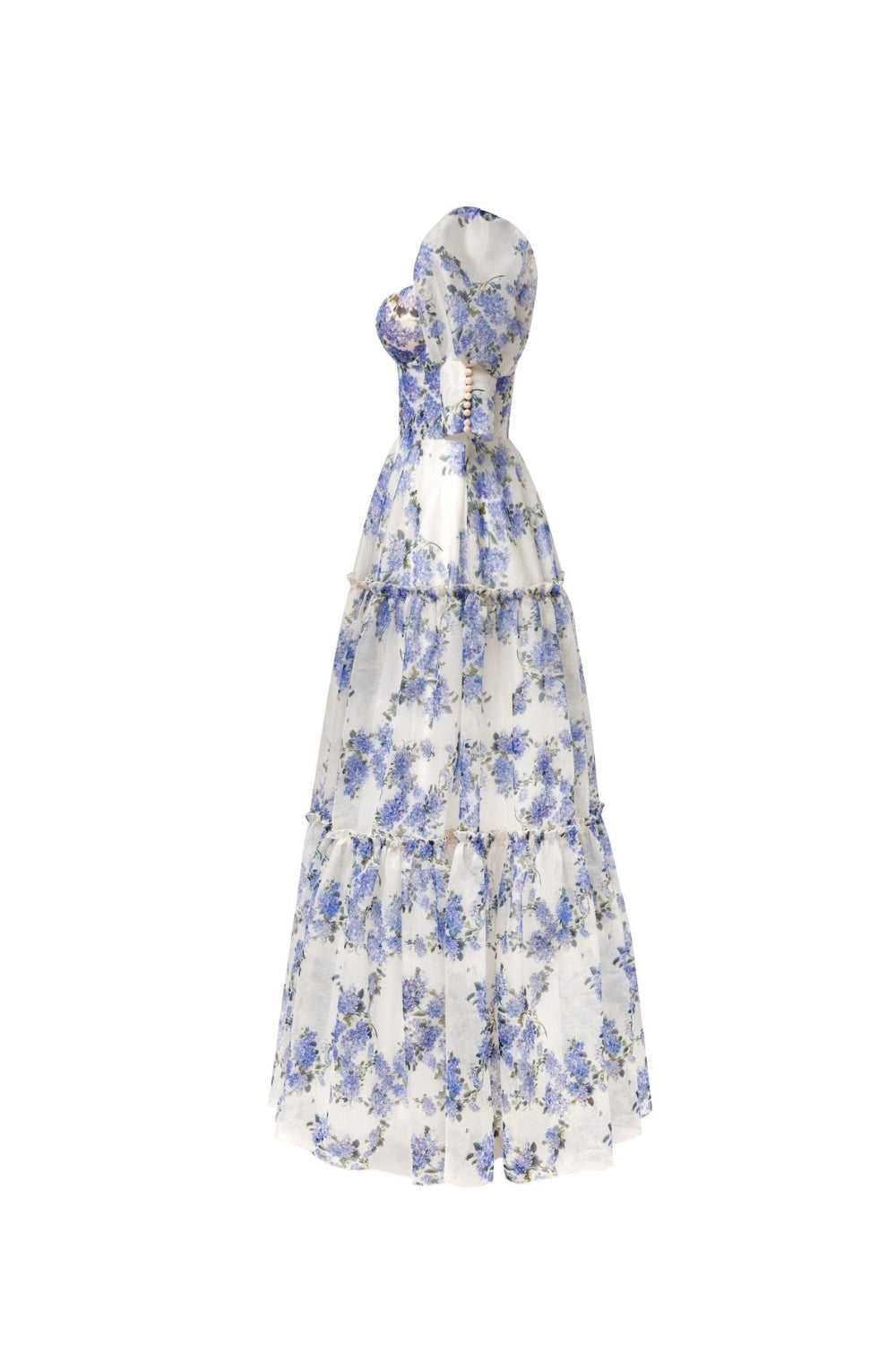 Hydrangea Print Voluminous Sleeves Maxi Dress In Blue Flowering Girl