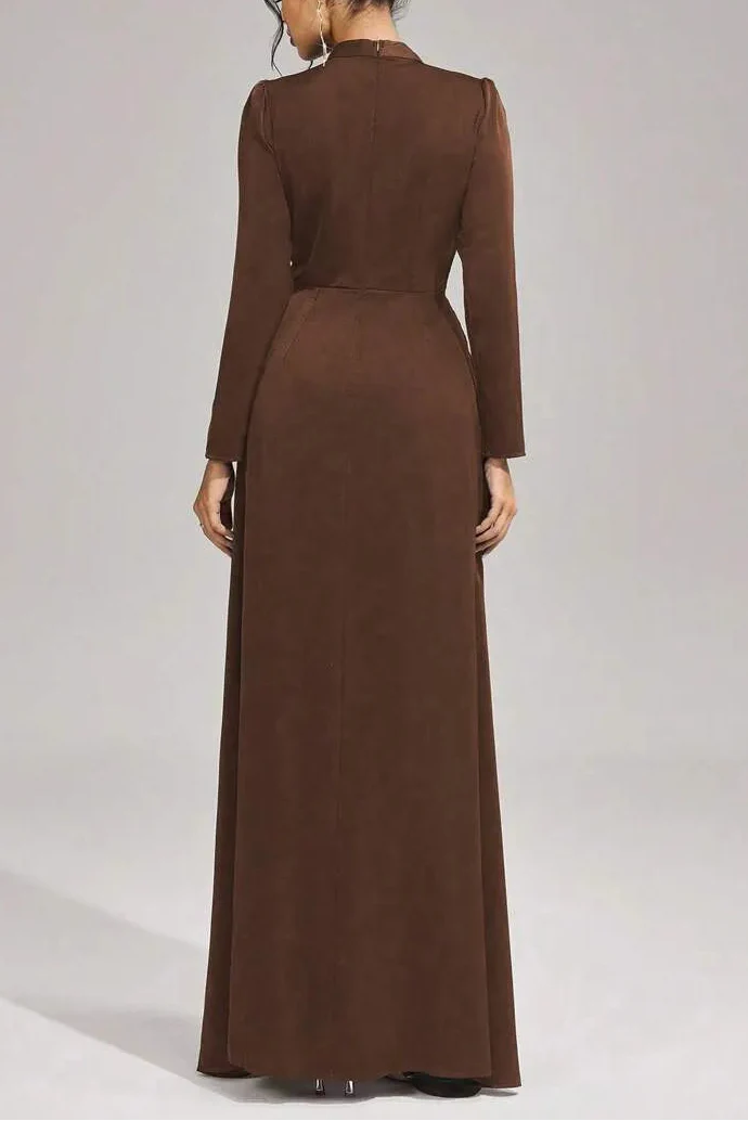 Beulah Long Sleeves With Beading Pleated Maxi Dress In Brown Flowering Girl