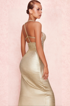 Gold Slit Backless Slip Maxi Dress Flowering Girl