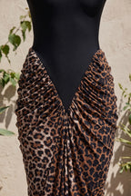 Black Matte Stretch Knit Maxi Dress with Leopard Print Draped Skirt Flowering Girl
