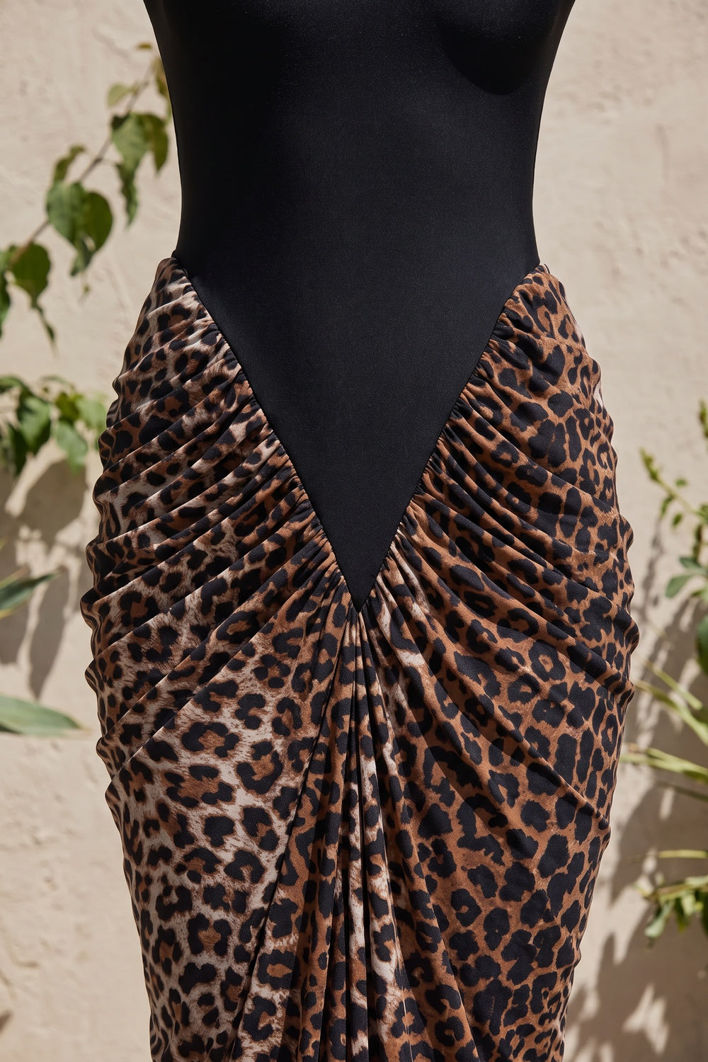 Black Matte Stretch Knit Maxi Dress with Leopard Print Draped Skirt Flowering Girl