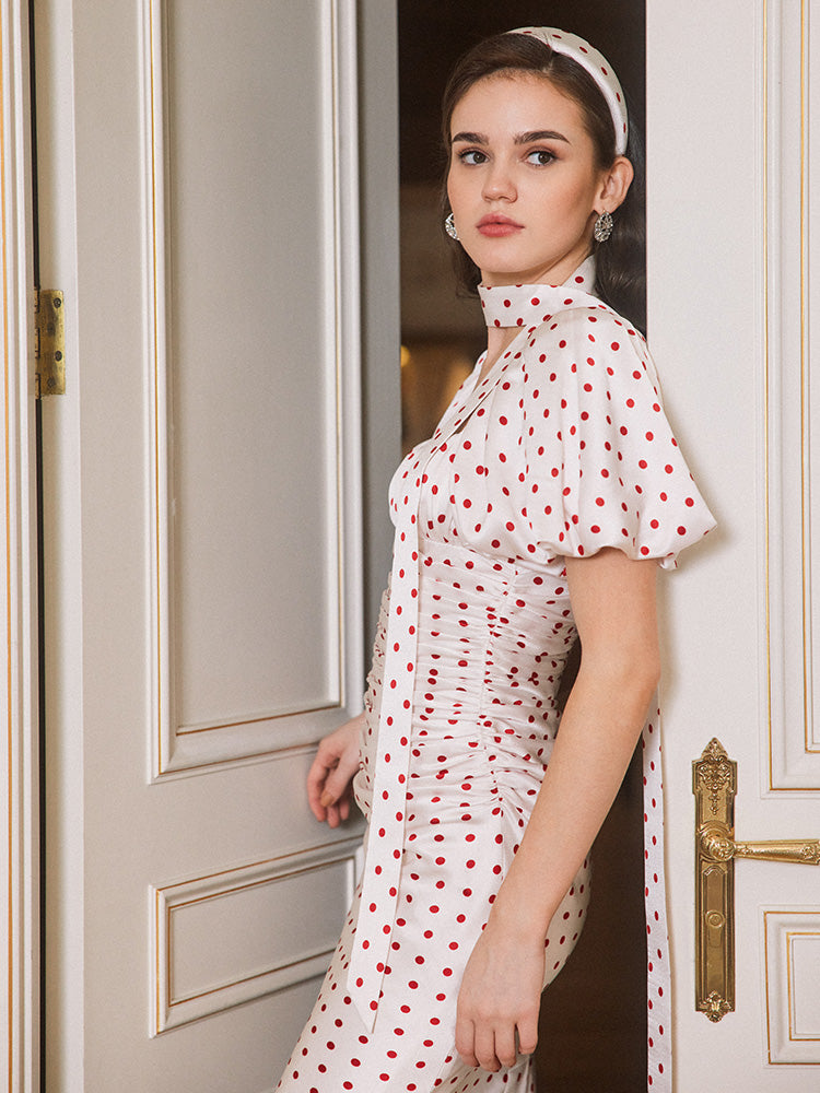 Red Polka Dot Bubble Sleeve Midi Dress Flowering Girl