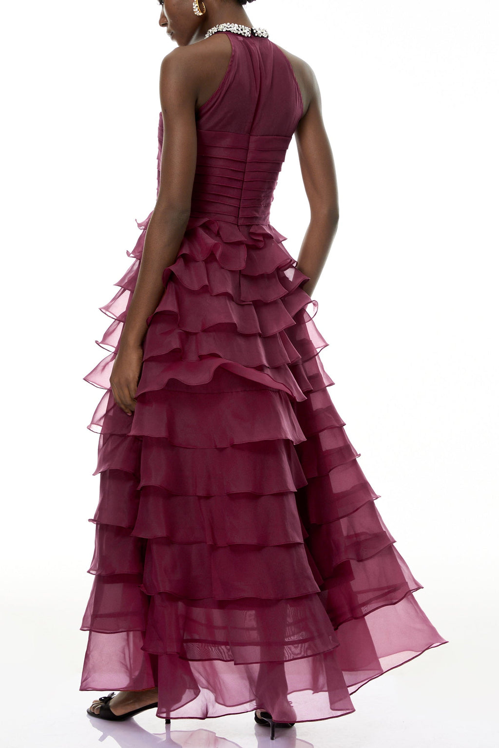 Samantha Red 3D Petal Ruffled Rhinestone Embellished Maxi Dress Flowering Girl