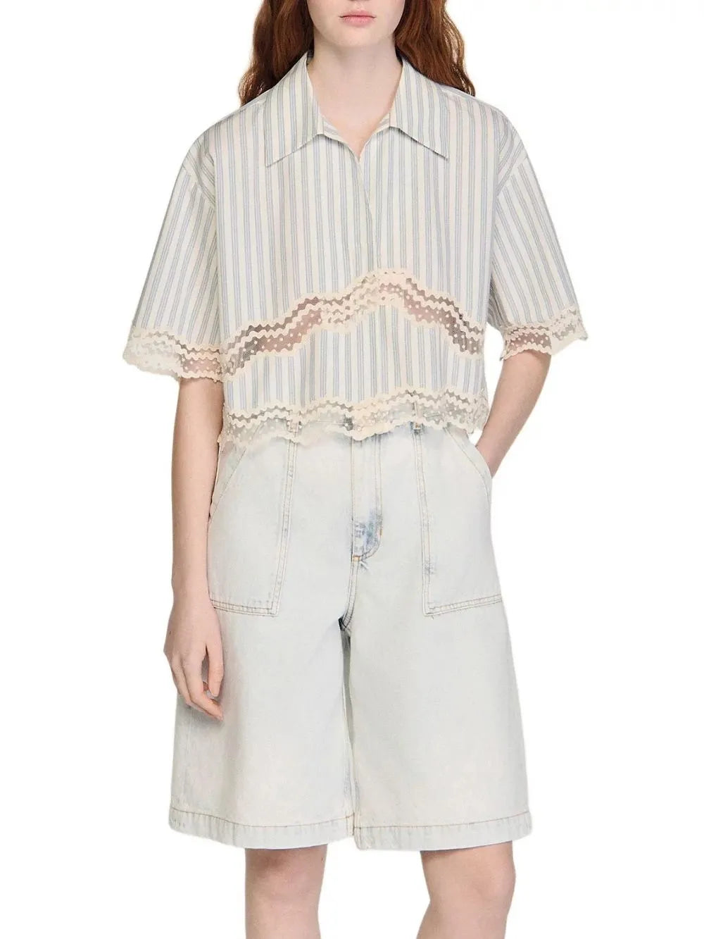 Cropped Striped Cotton Shirt Flowering Girl