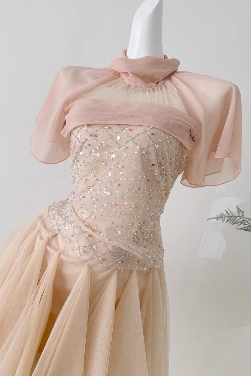 Sheer Mesh Rhinestone High Neck Tulle Mini Dress Flowering Girl