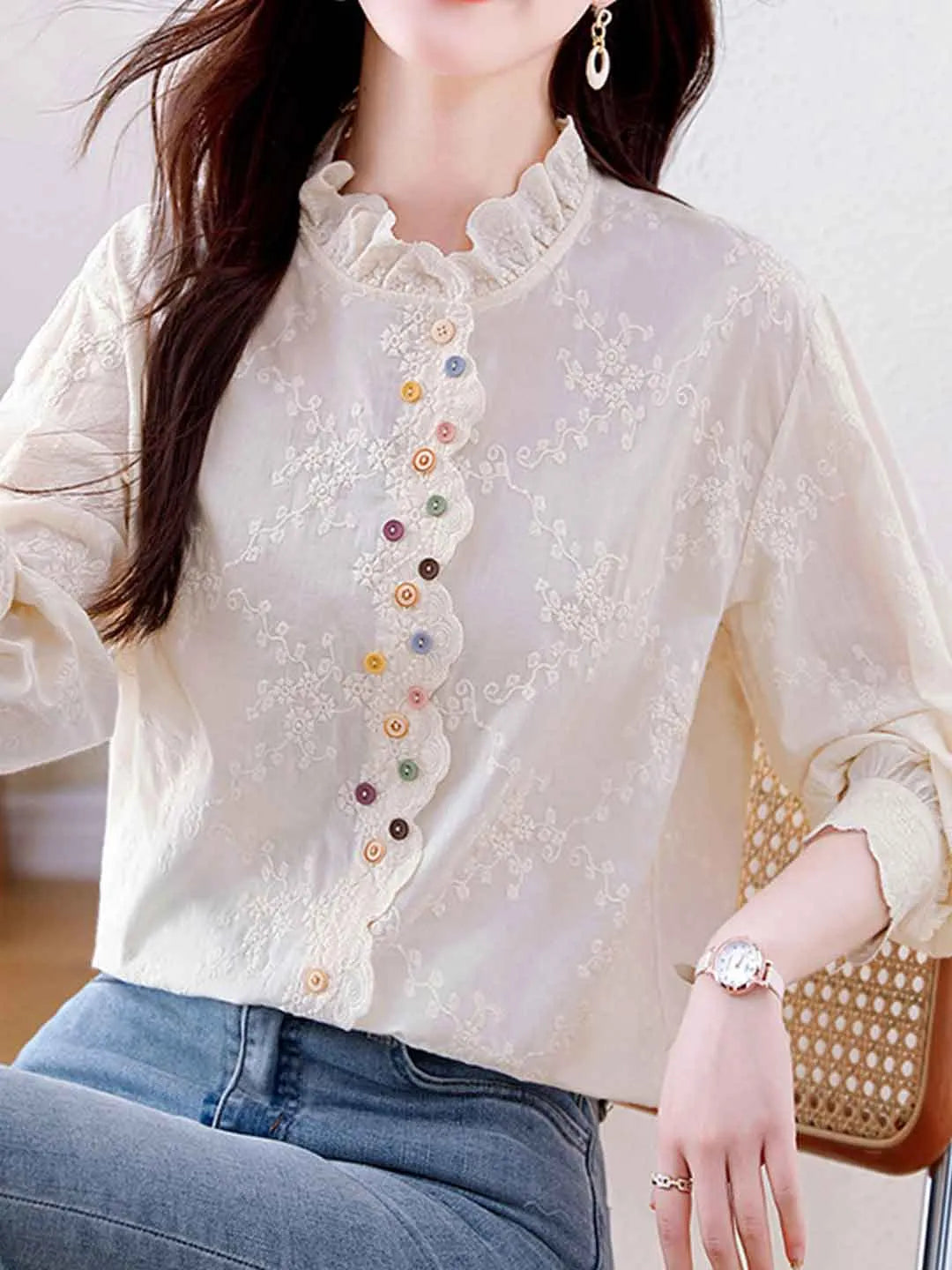 Xaviera Classic Ruffle Collar Hollowed Embroidered Top Flowering Girl