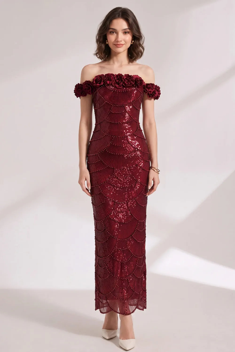Burgundy Sequined Mesh Column Gown Flowering Girl