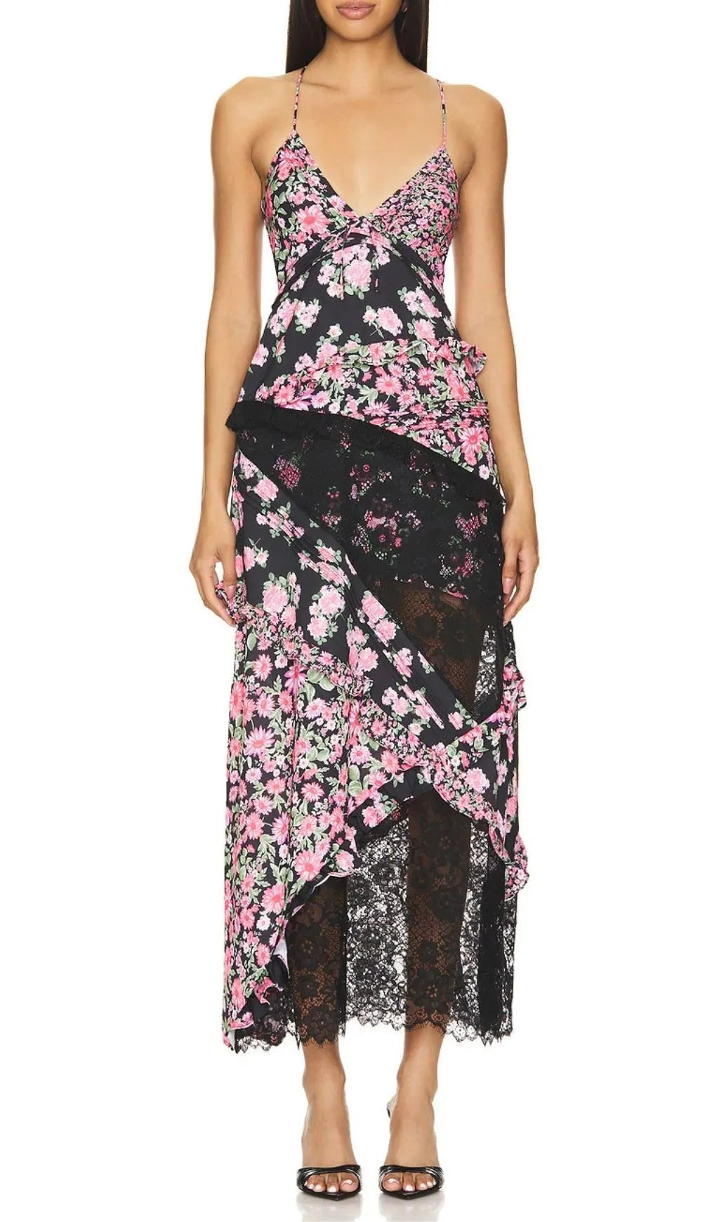 Georgia Black V Neck Floral Print Lace Maxi Dress Flowering Girl