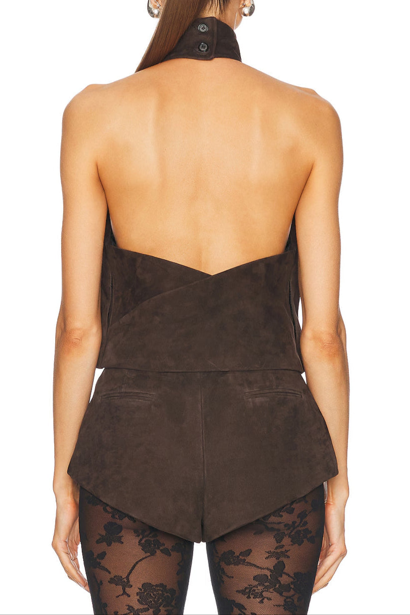 Suede Halter Top In Brown Flowering Girl