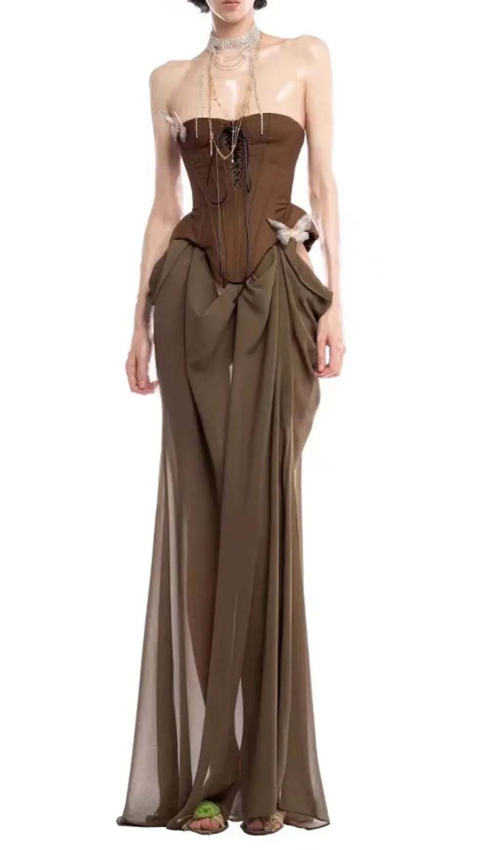 Edna Brown Strapless Corset Maxi Dress Flowering Girl