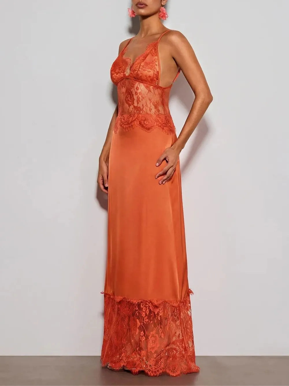 Erastes Spaghetti Lace Maxi Dress In Orange Flowering Girl