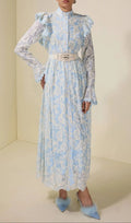 Alma Chiffon Embroidered Single Breasted Midi Dress With Belt - Blue Flowering Girl