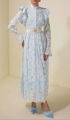 Alma Chiffon Embroidered Single Breasted Midi Dress With Belt - Blue Flowering Girl