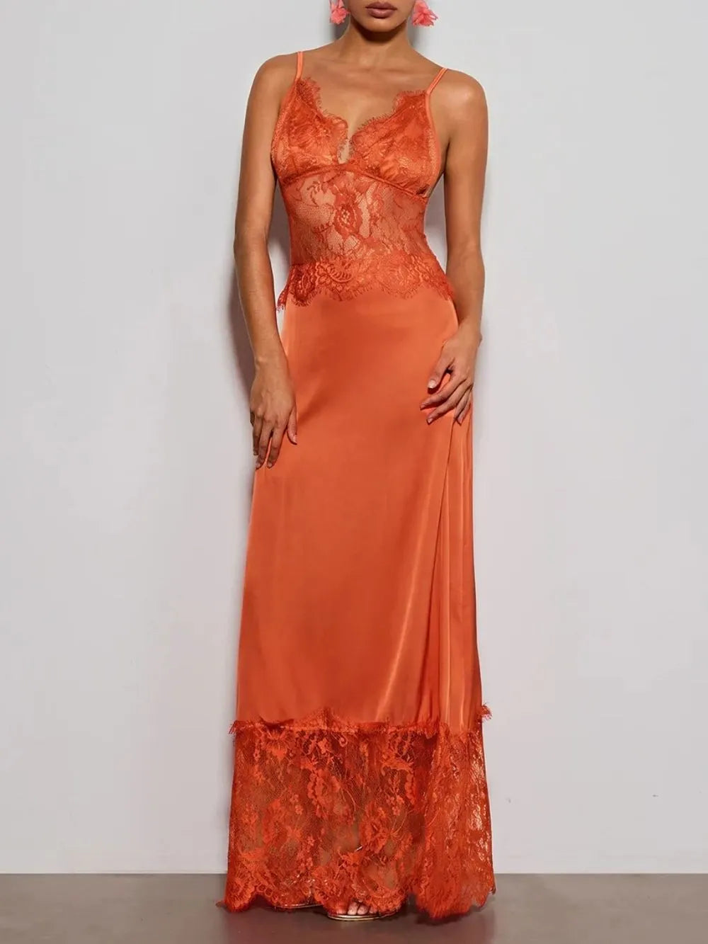 Erastes Spaghetti Lace Maxi Dress In Orange Flowering Girl