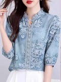 Simona Classic Auricular Collar Printed Chiffon Top Flowering Girl