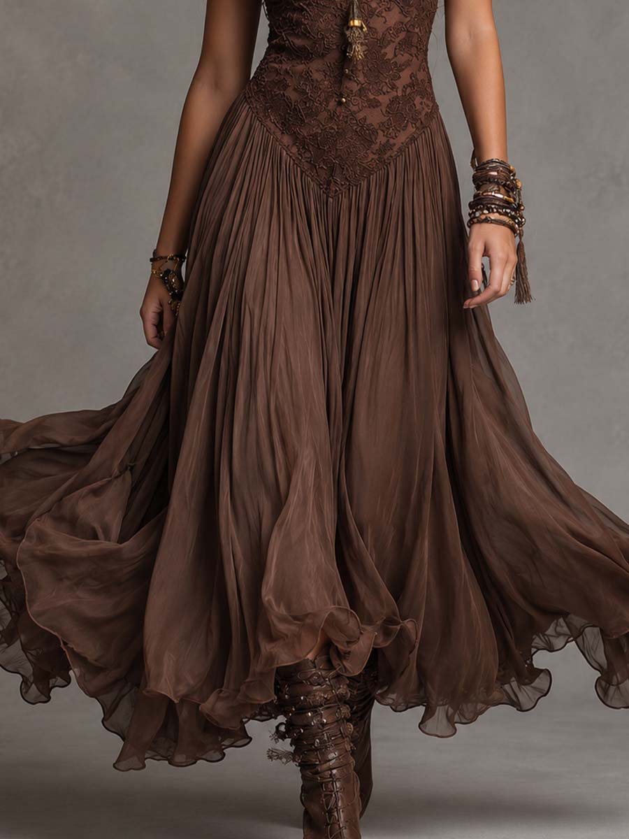 Dark Brown Lace-Paneled Chiffon Maxi Dress Flowering Girl