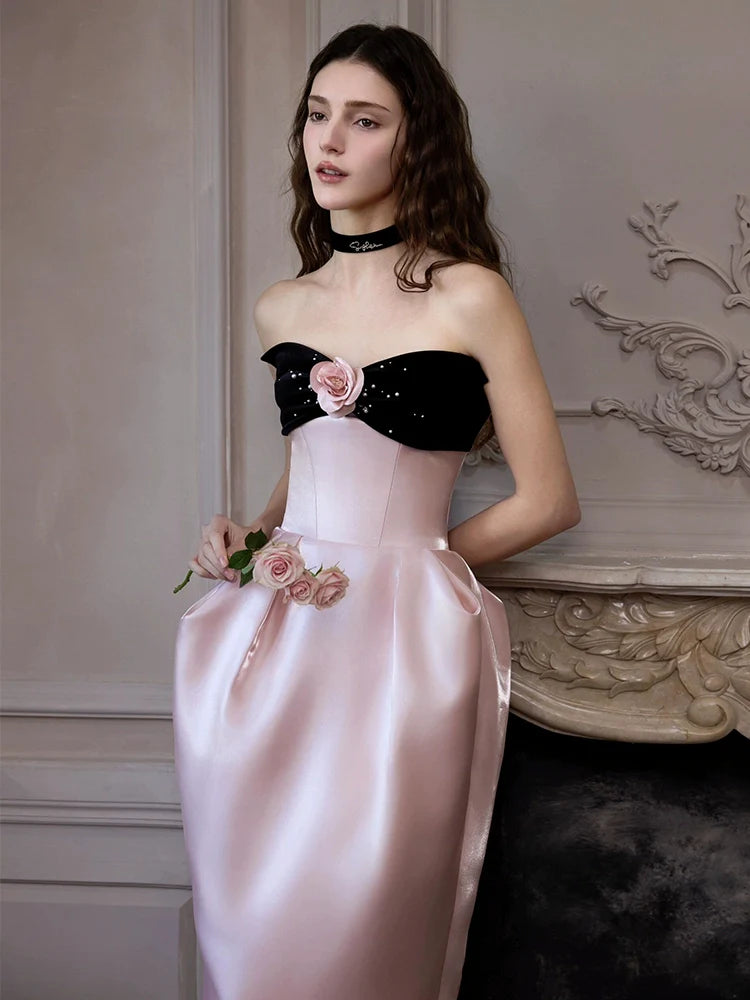 Satin Pink Flower Strapless Maxi Prom Dress Flowering Girl