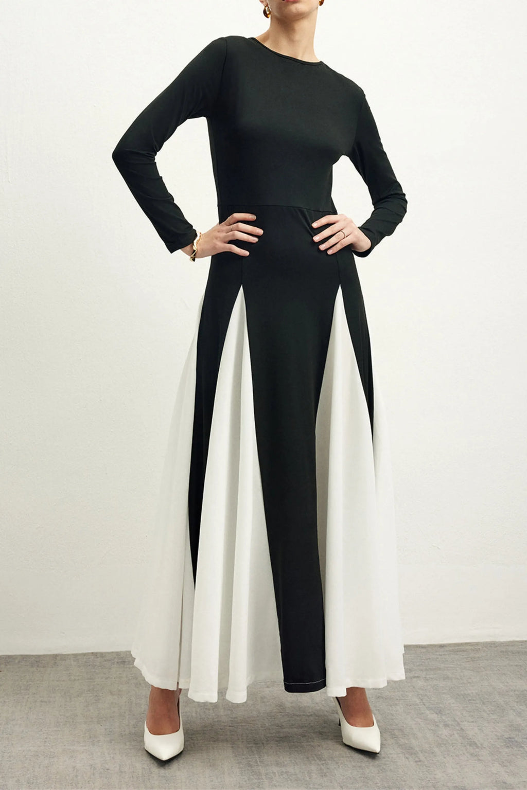 Contrast Color Long Sleeve Midi Dress Flowering Girl