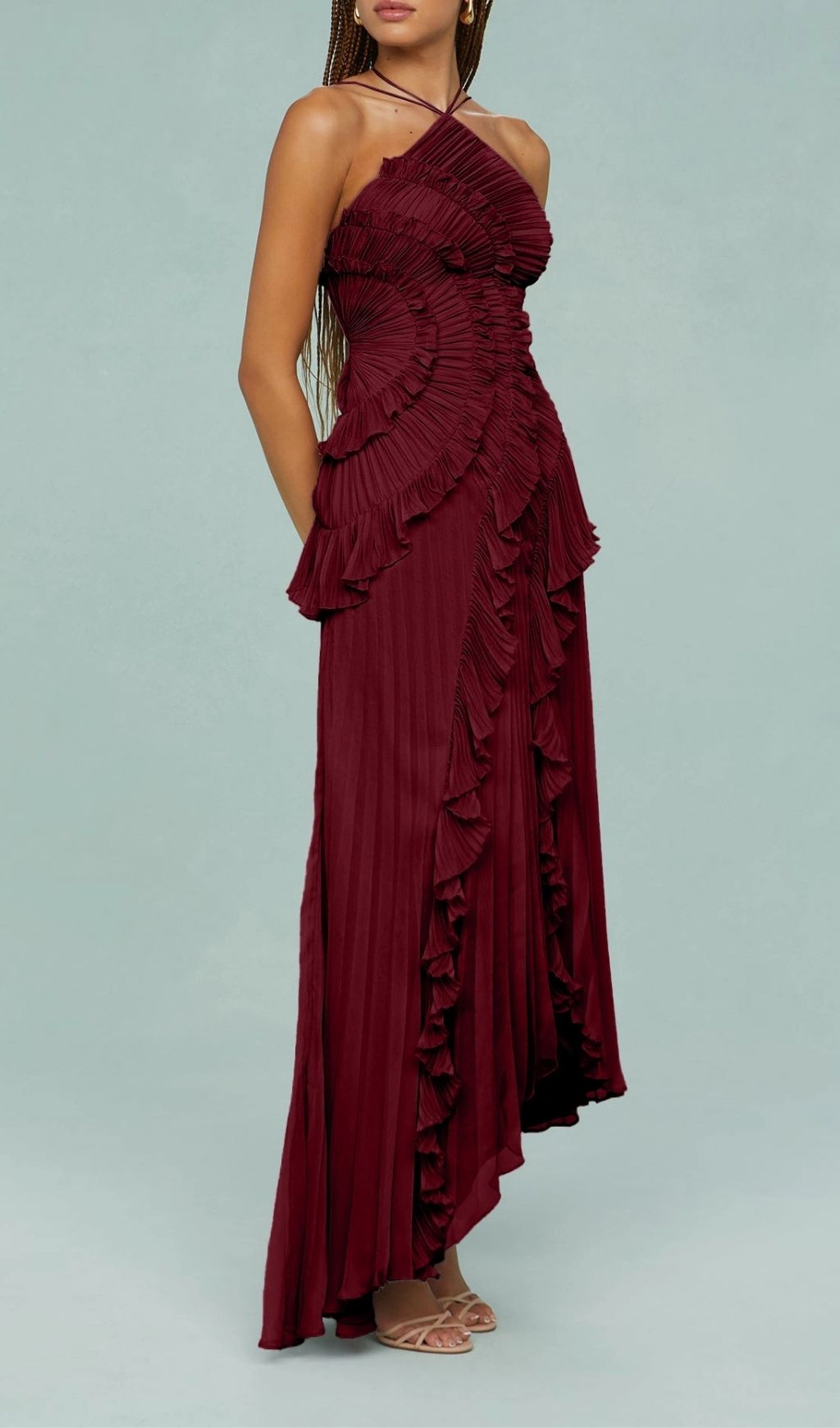 Finneas Red Halter Pleated Maxi Dress Flowering Girl