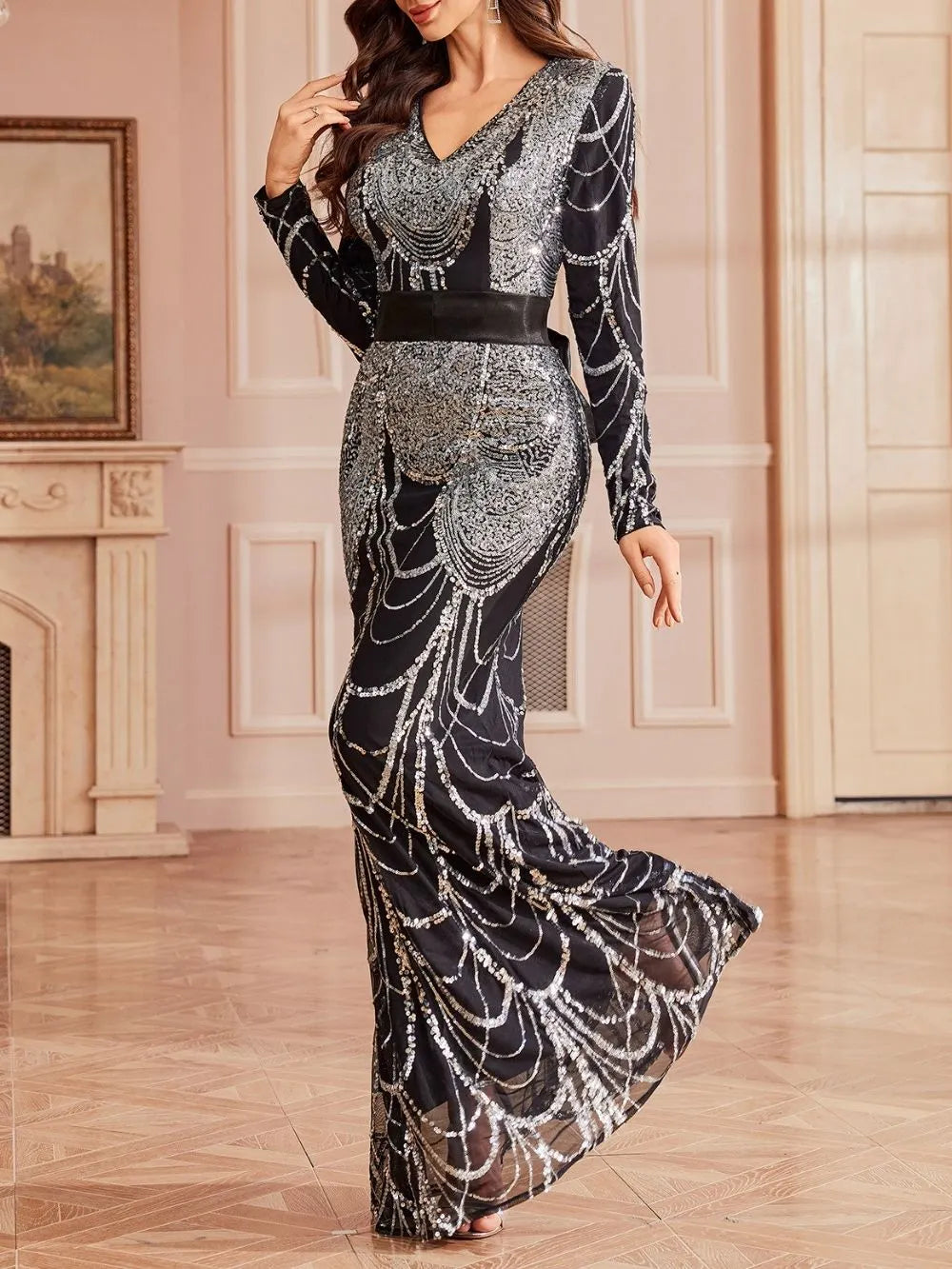Mayana Black Sequin Long Sleeve Maxi Dress Flowering Girl