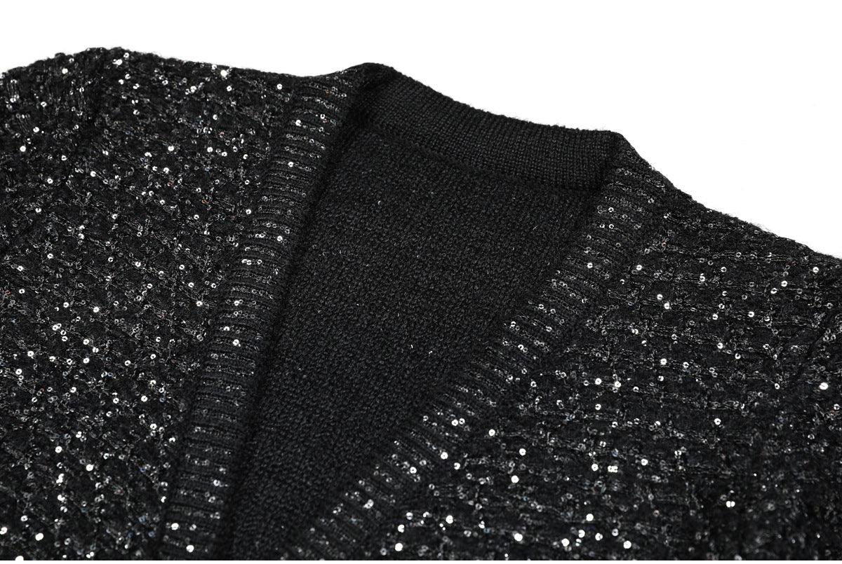 Sequin Knit v-Neck Cardigan In Black Flowering Girl