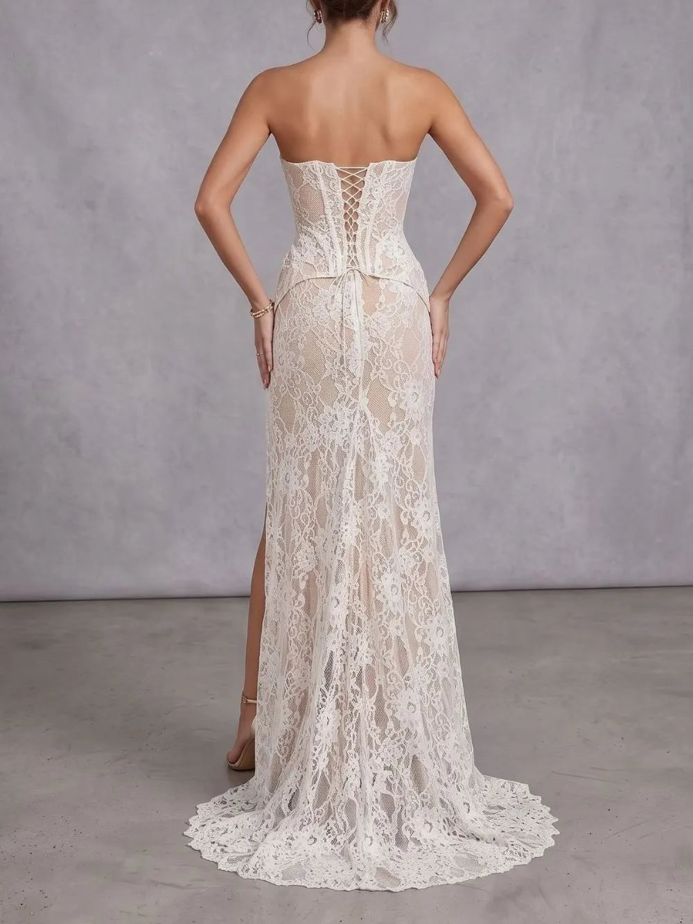 Strapless Lace Corset Two Piece Maxi Dress White Flowering Girl