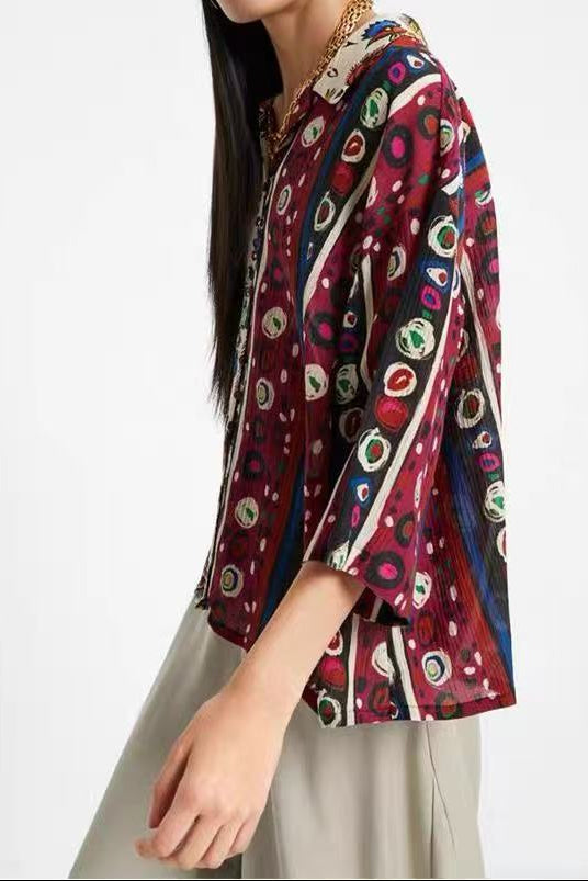 Multicolor Folk Floral Print Three-Quarter Sleeve Button-Down Shirt Flowering Girl
