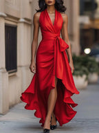 Midnight Elegance Satin Halter Ruffle Gown Flowering Girl
