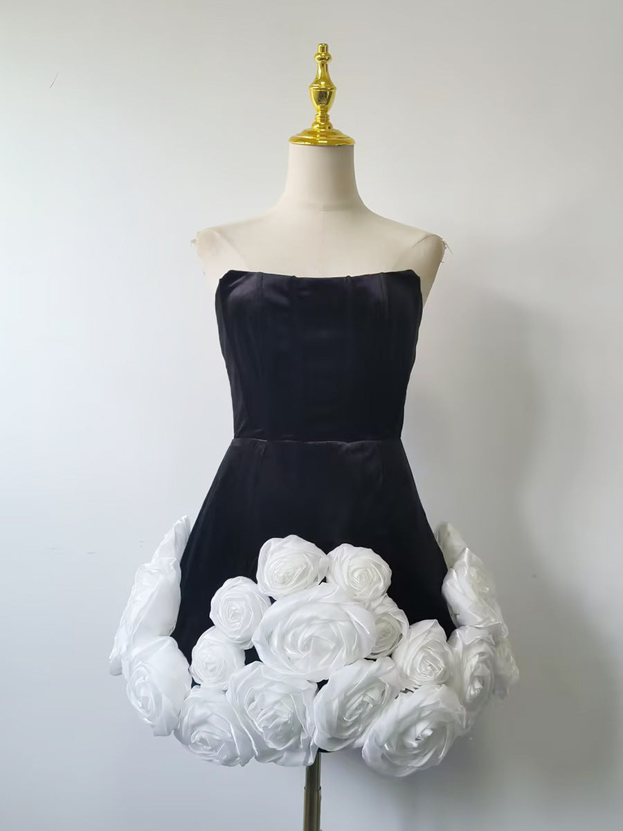 flower-embellished-hem black strapless mini dress Flowering Girl