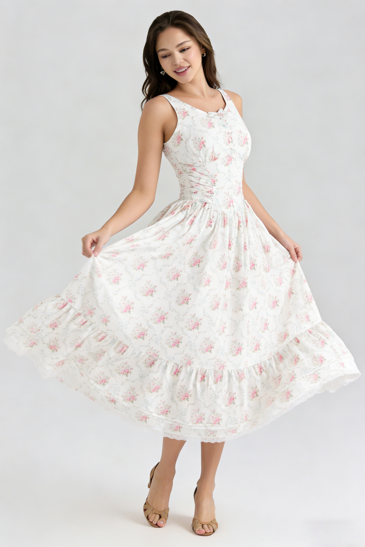 Hedy Elastic Printed Tie-Waist Midi Dress——Pink Flowering Girl