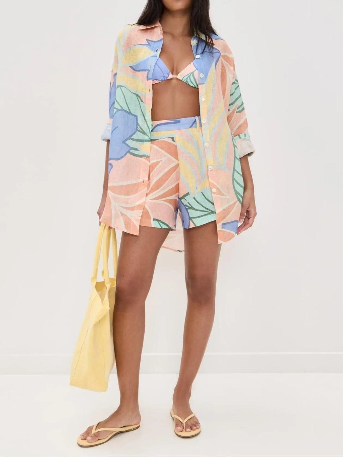 Playa Boyfriend Tropical Leaf Printed Short Set Flowering Girl
