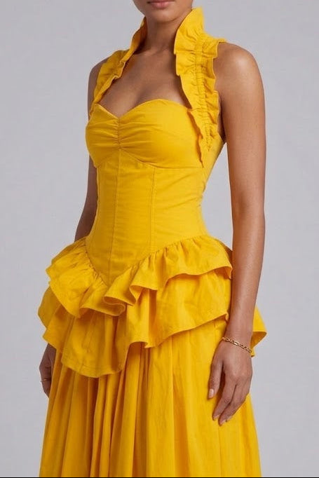 Yellow Ruffled Peplum Midi Dress Flowering Girl