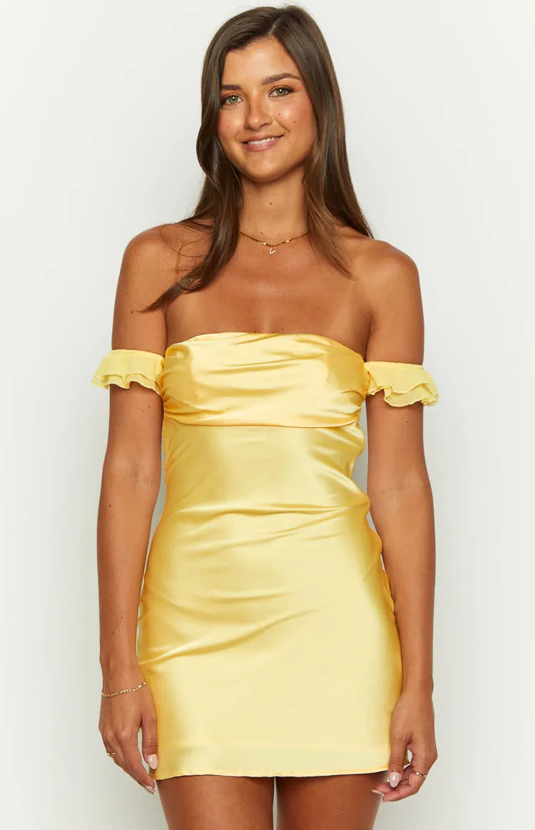 Silvia Yellow Satin Mini Dress Flowering Girl