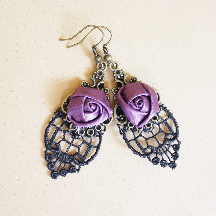 Hollow Lace Rose Earrings Flowering Girl