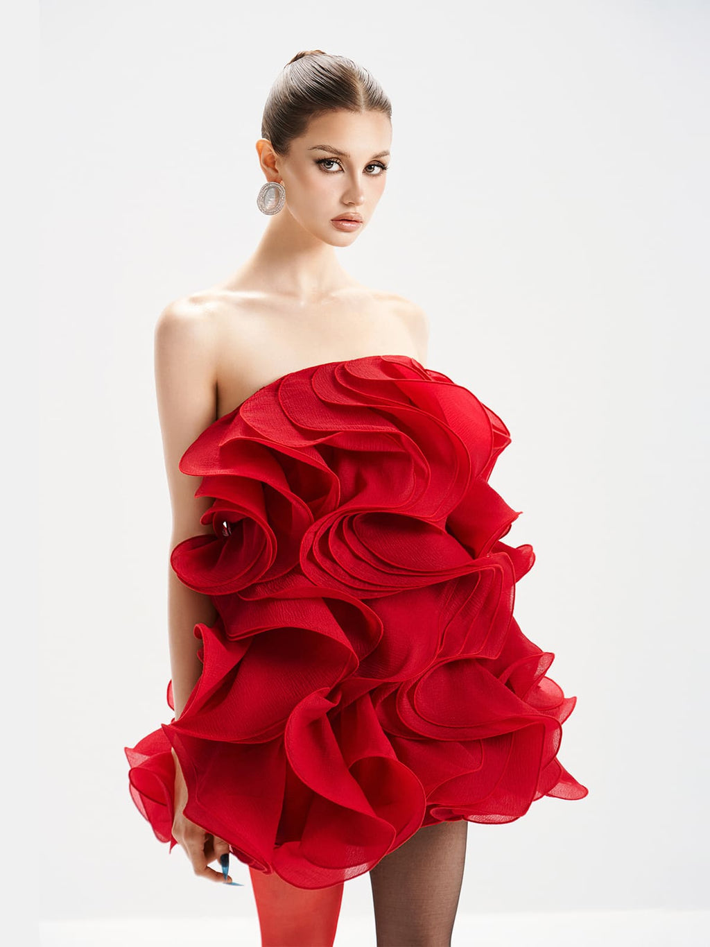 Verna Multi-Layered 3d Pleated Mini Dress In Red Flowering Girl