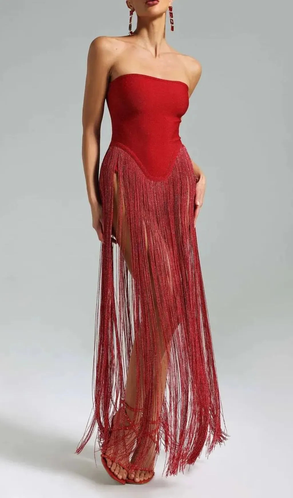 Helen Bodysuit Fringe Strapless Mini Dress In Red Flowering Girl