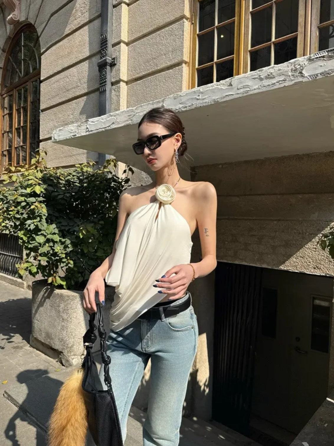 Satin Cowl Neck Halter Top In White Flowering Girl