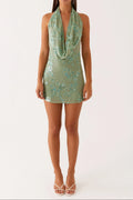 Cowl Neck Beaded Mini Dress In Mint Flowering Girl