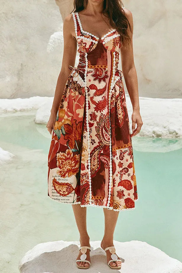 Pandora Spaghetti Strap Lace Linen Patchwork Midi Dress Flowering Girl