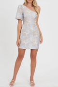 one-shoulder jacquard mini dress in blue-multi Flowering Girl