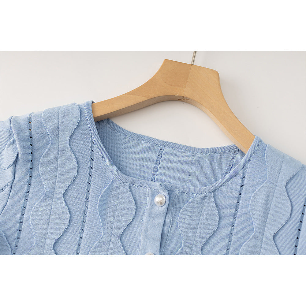 Blue Geometric Circle Pattern Cardigan Skirt Two-Piece Set Flowering Girl