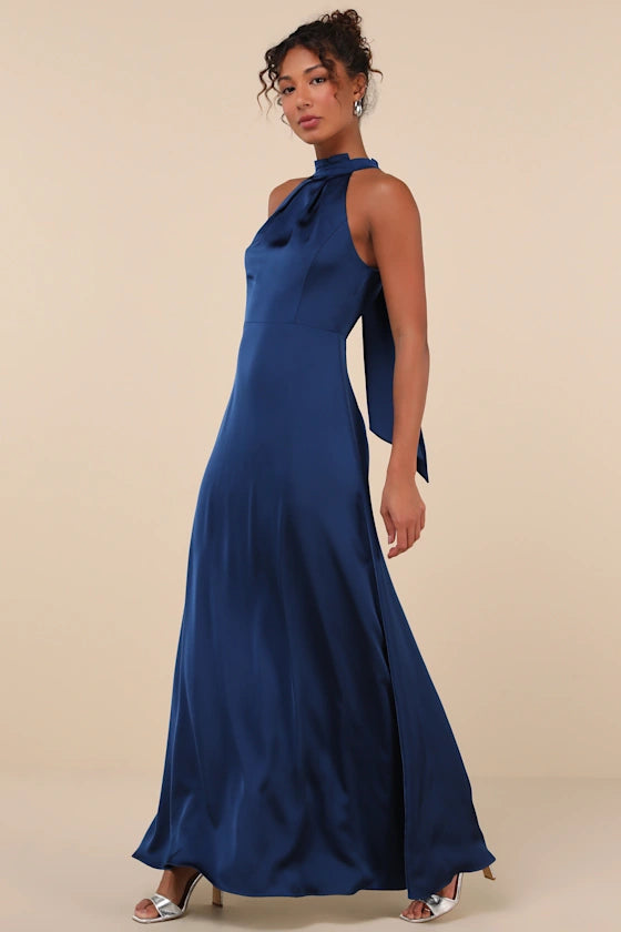 Blue Satin Pleated Mock Neck Maxi Dress Flowering Girl