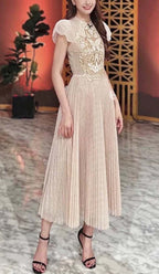 Pleated Embroidery Midi Dress In Beige Flowering Girl